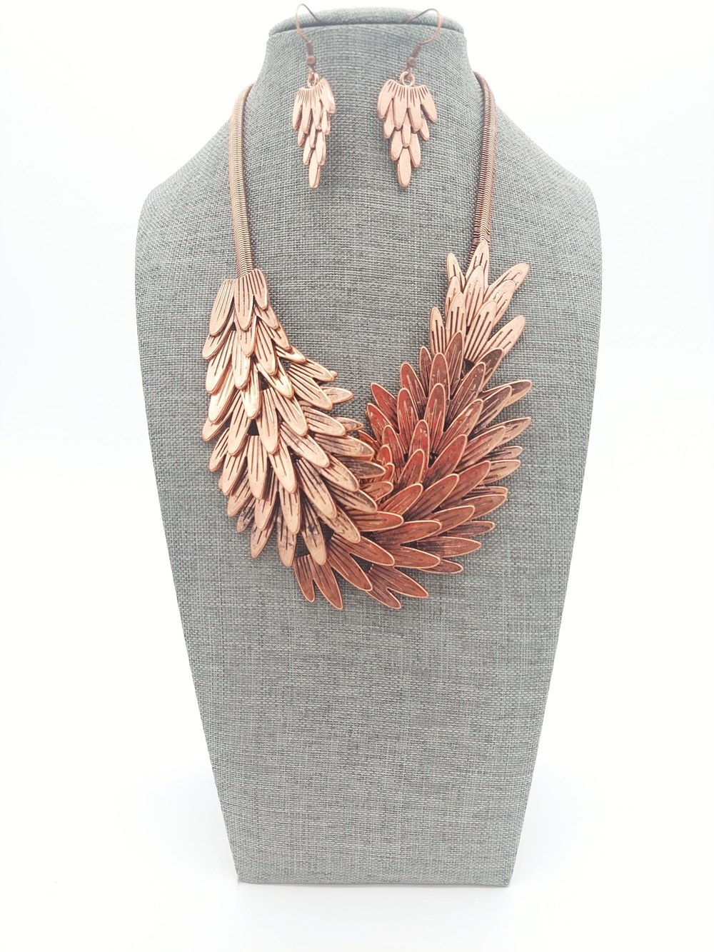 Women’s Layered Feather Statement Necklace and Earrings - Rose Gold